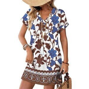 Casual T-Shirt Dress with V-Neck – Short Sleeve Aloha pattern Dress with Pockets